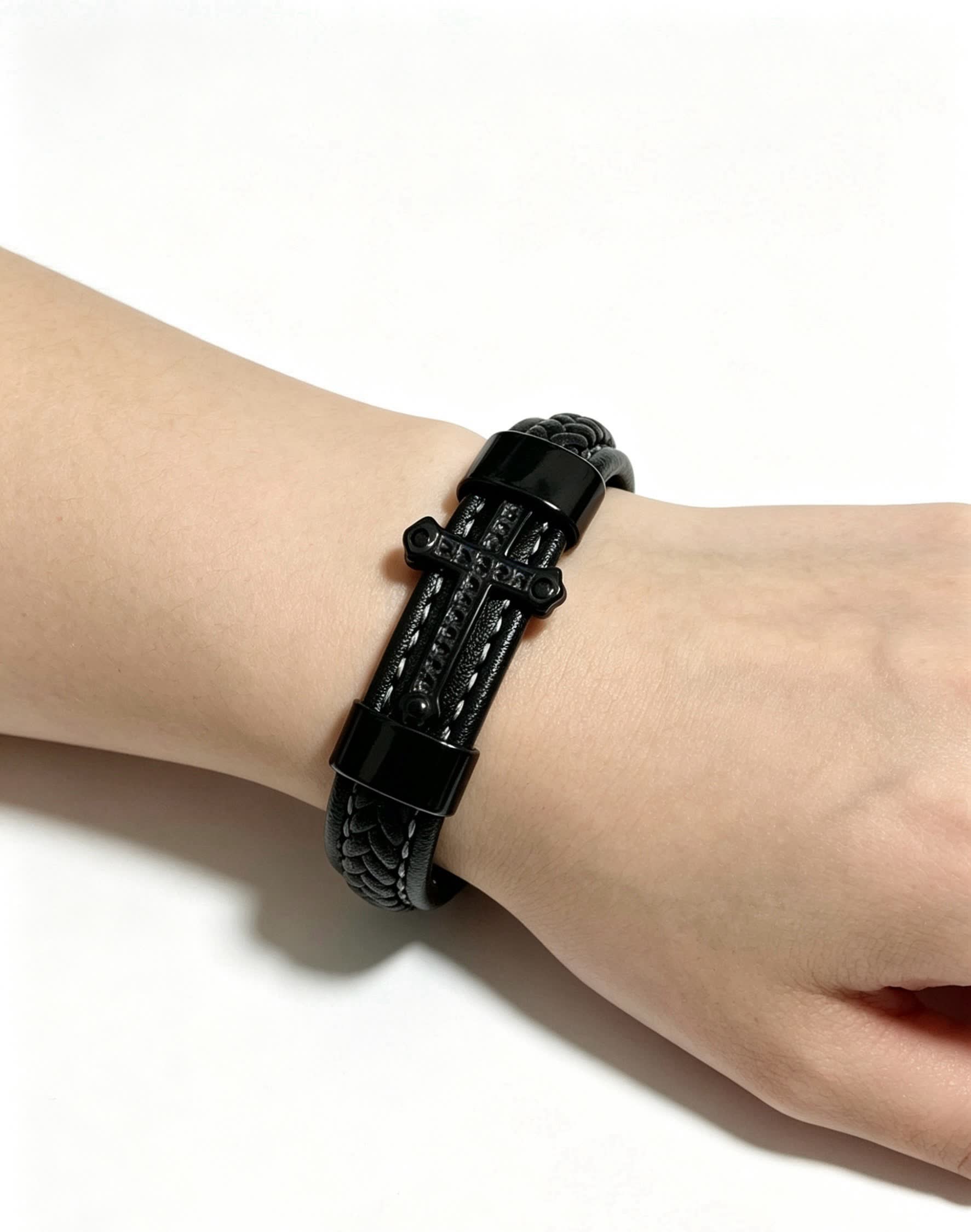 Chrome Hearts Black Leather Bracelet with Cross Clasp